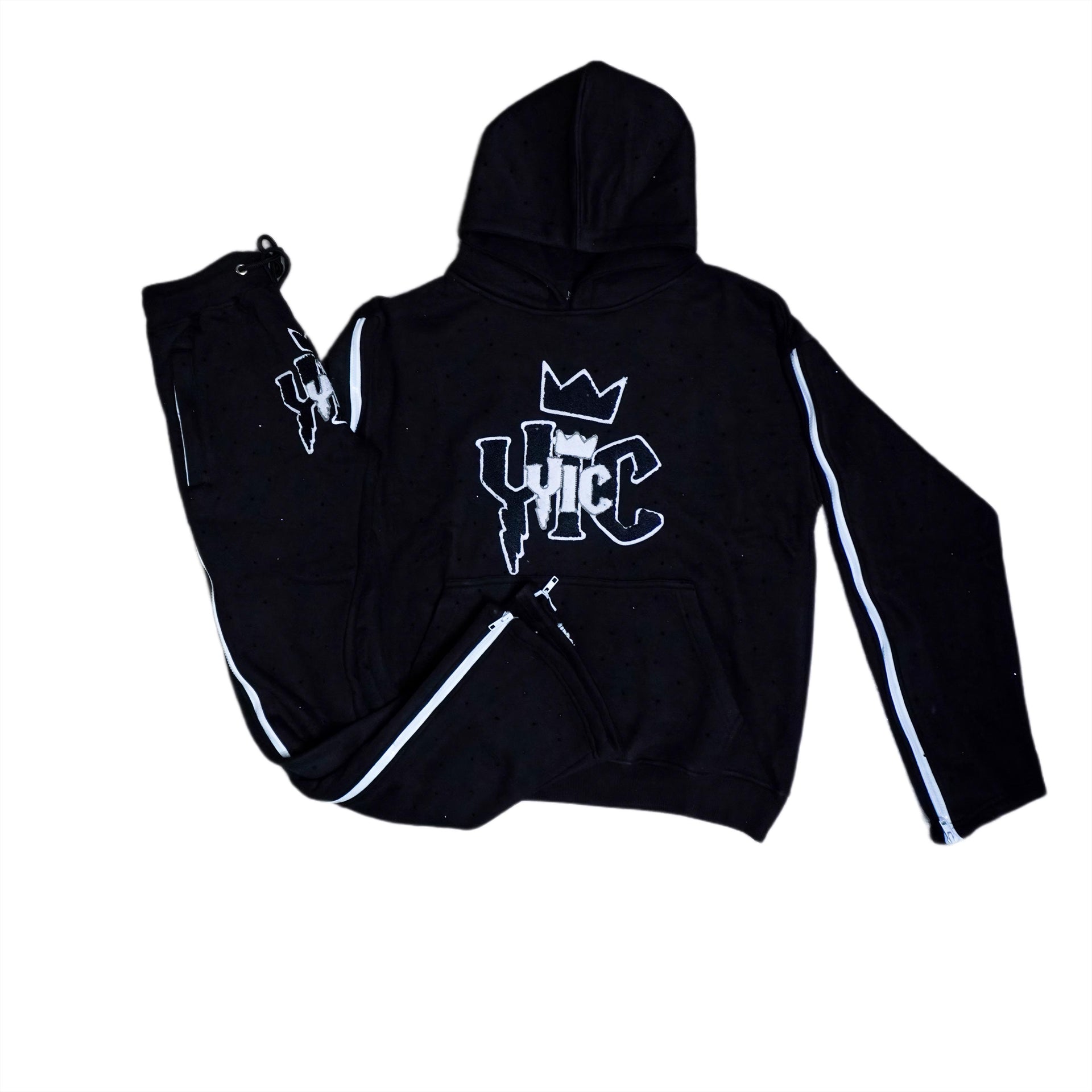 YIC HOODED TRACKSUIT - BLACK/RHINESTONE WITH ZIP