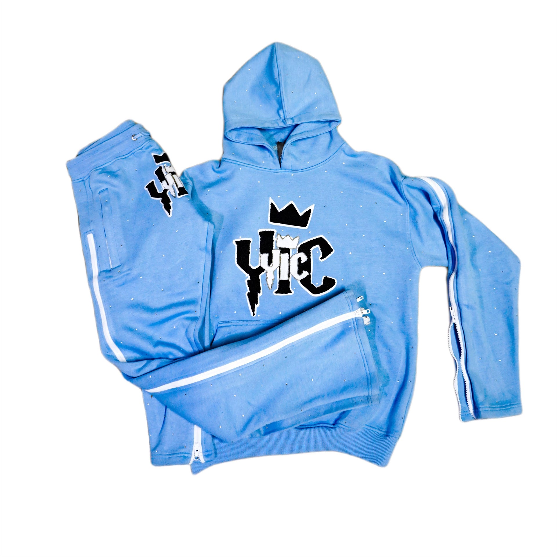 YIC HOODED TRACKSUIT - BLUE SKY/RHINESTONE WITH ZIP (Copia)